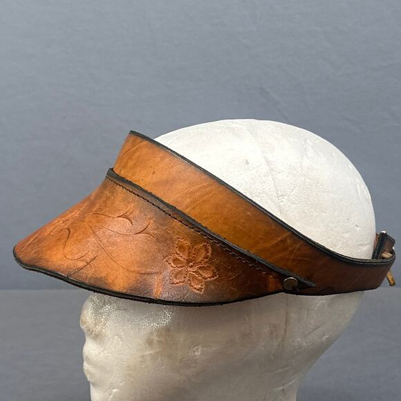 VTG Leather Hand Tooled Floral Sun Visor Brown Boho Hippie 70s Festival Western - Picture 11 of 16